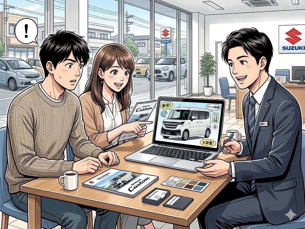 お客様とスタッフが机を挟んで詳細にヒアリングしている様子のイラスト